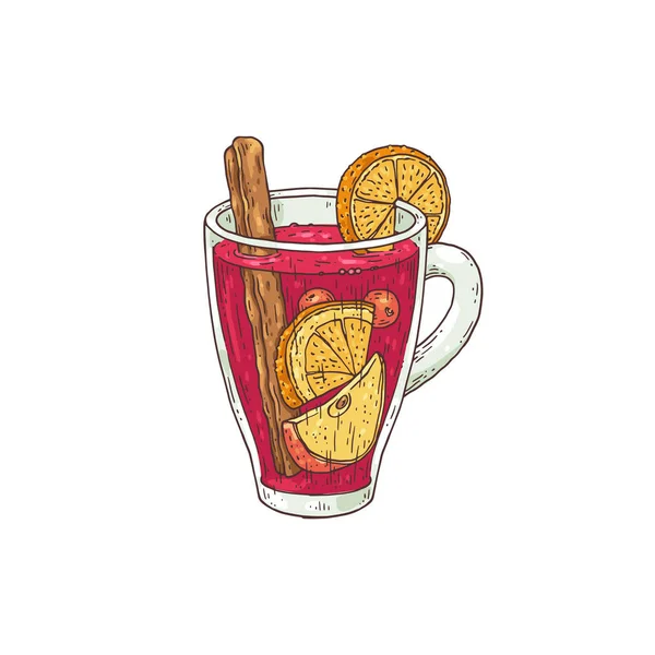 Glödvin med kanel och apelsin, handritad vektor illustration isolerad. — Stock vektor