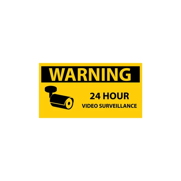 Warnschild zur Videoüberwachung für 24 Stunden. Vektorillustration des gelben Warnsymbols isoliert auf weißem Hintergrund. Aufmerksamkeit für cctv. — Stockvektor