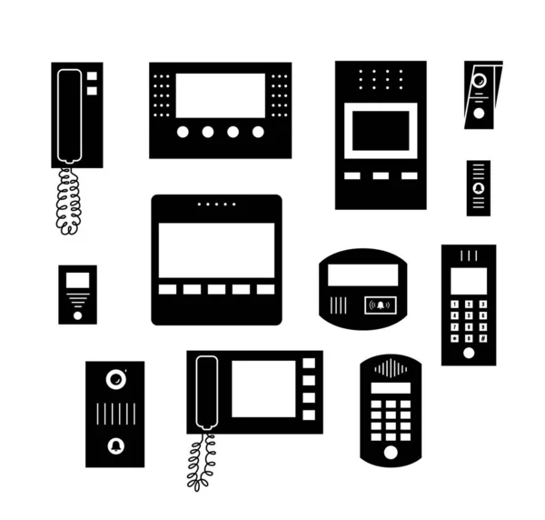 Conjunto de iconos o símbolos negros de dispositivos de intercomunicación, ilustraciones vectoriales aisladas. — Archivo Imágenes Vectoriales