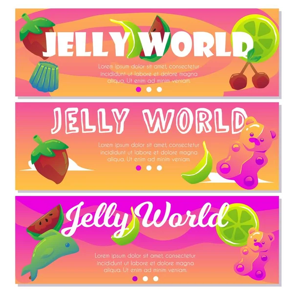 Design banners voor het adverteren van zoete dessert - fruit, munt en bessen gelei snoep. — Stockvector