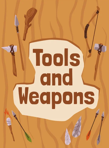 Plakat z zestawem prymitywnych narzędzi i broni prehistorycznego człowieka jaskiniowego w epoce kamienia łupanego. — Wektor stockowy