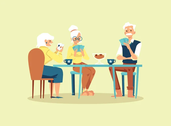 Group of elderly friends playing cards, flat vector illustration isolated. — Stock Vector
