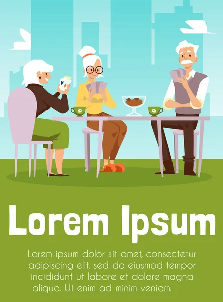 Афіша з людьми похилого віку, які розважаються і грають в карти плоскі Векторні ілюстрації . — стоковий вектор