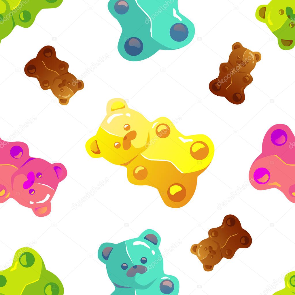Seamless pattern of sweet candies with jelly bears, flat vector illustration.