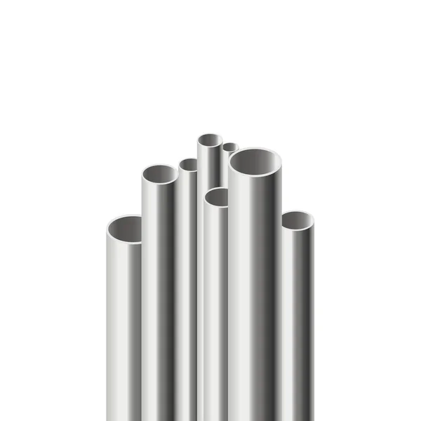 Hintergrund mit Chromrohren aus Stahl mit unterschiedlichem Durchmesser und 3D-Vektordarstellung — Stockvektor