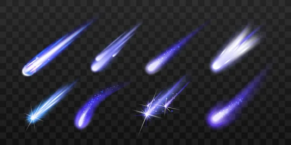 Conjunto de meteoros o cometas azules que caen, ilustración vectorial realista aislada. — Vector de stock