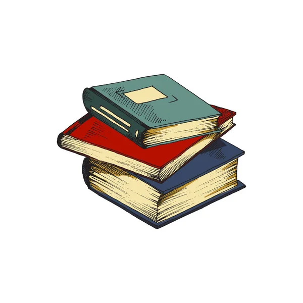 Illustrazione disegnata a mano a colori vettoriale di una pila di libri isolati su sfondo bianco. Simbolo dell'istruzione e della scienza. — Vettoriale Stock