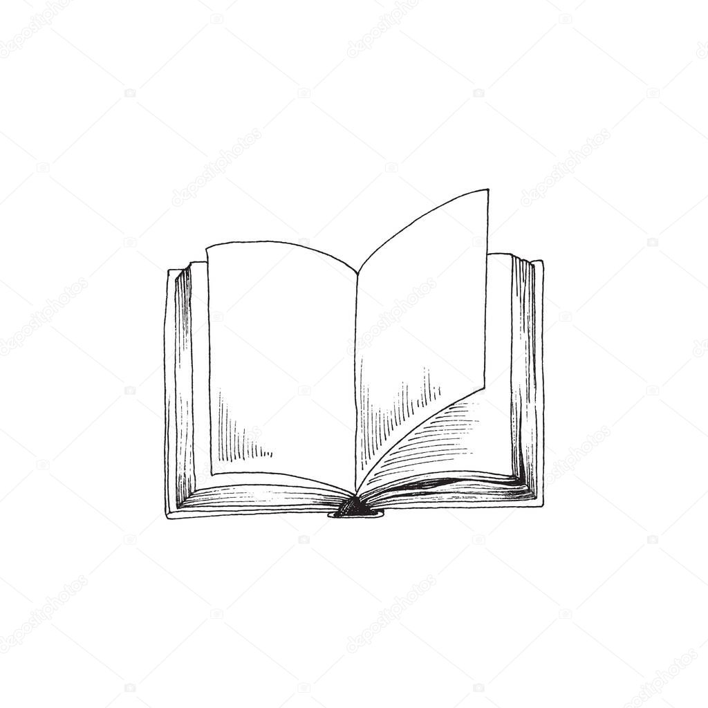 Open book isolated on white background, sketch vector hand drawn illustration in a graphic style.