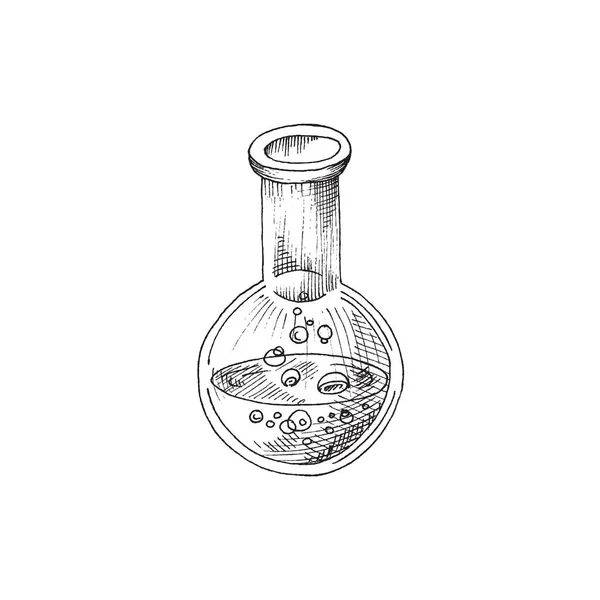 液体とガラス実験室ラウンドフラスコ、スケッチスタイル — ストックベクタ