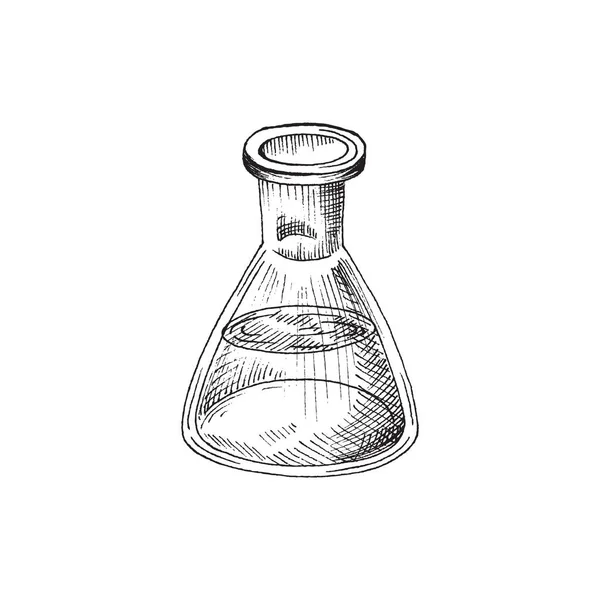 Frasco vintage de vidrio químico con líquido en estilo de boceto — Vector de stock