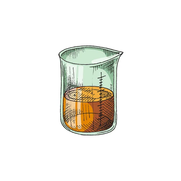 Vaso de precipitados de laboratorio de medición de vidrio graduado con líquido químico de color. — Vector de stock