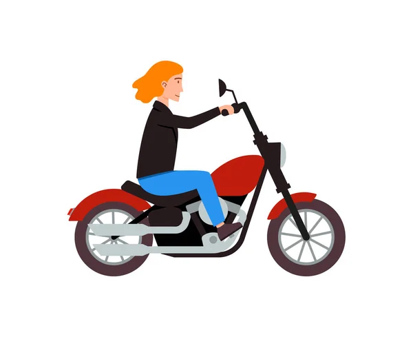 Motociclista in sella alla moto rossa sulla strada cittadina un vettoriale illustrazione. — Vettoriale Stock