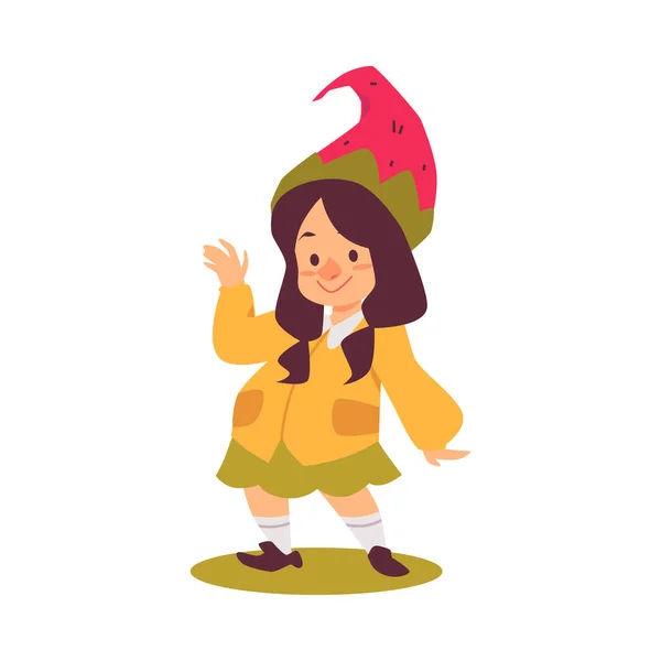 Garden gnome or dwarf little girl in hat, flat vector illustration isolated. — Stock Vector
