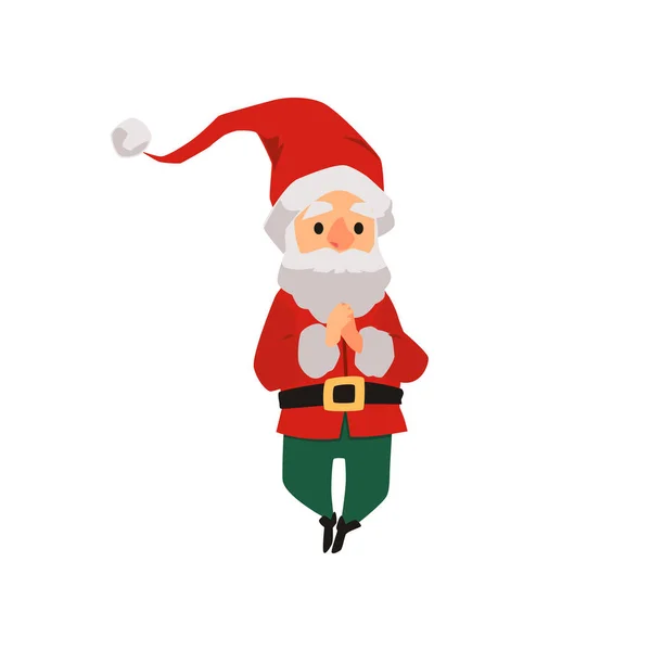 Vector cartoon flat illustration of soaring Christmas gnome with folded hands. Character gnome on white background. — Stock Vector