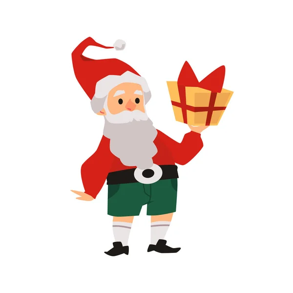 Funny bearded cartoon elf or gnome holding gift box, flat vector illustration. — Stock Vector
