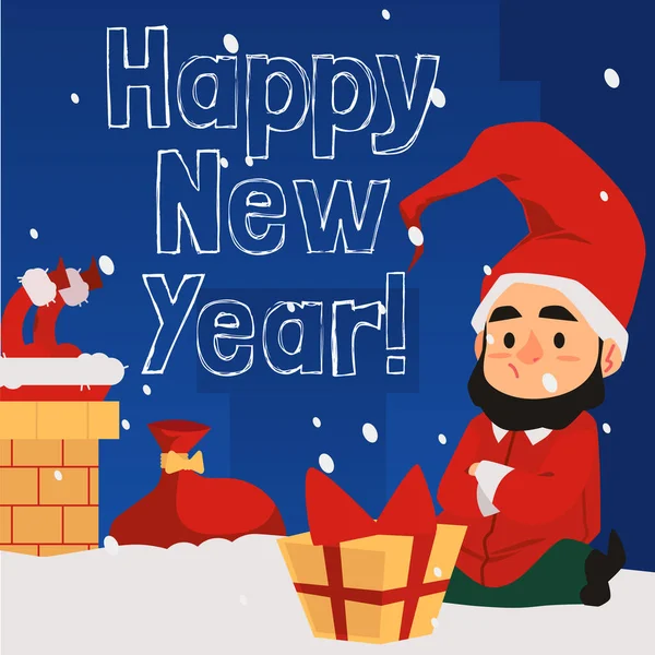 New Year card with dwarf or elf with gift boxes, flat vector illustration. — Stock Vector