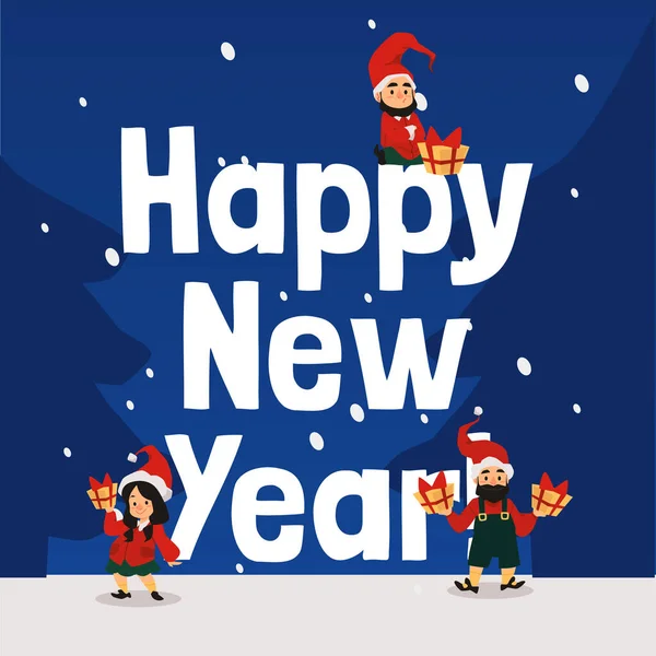 Bannière ou carte du Nouvel An avec des elfes ou gnomes drôles, illustration vectorielle plate. — Image vectorielle