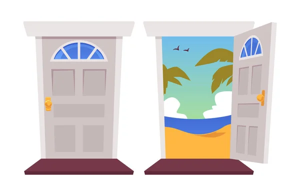 Otevřené a zavřené dveře domu s výhledem na pláž, vektorové ilustrace izolované. — Stockový vektor