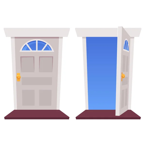 Open and closed entrance doors of house with blue sky in outside doorway. — Stock Vector