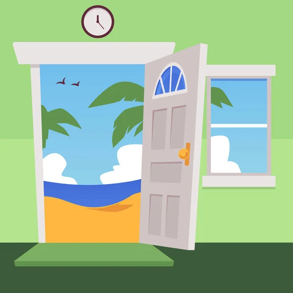 Cartoon plochý vektor ilustrace otevřených dveří a okna na zelené zdi, palmy na pláži a moře ve dveřích. — Stockový vektor