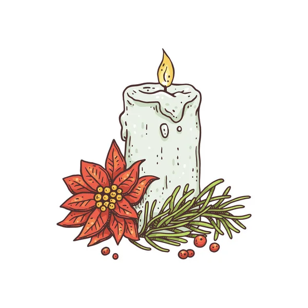 Vela ardiente festiva con ramas de abeto y flor poinsettia estrella de Navidad. — Vector de stock