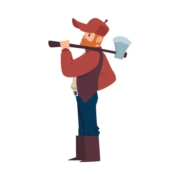 Tecknad serie för skogshuggare eller skogshuggare som står i profilhållande yxa — Stock vektor