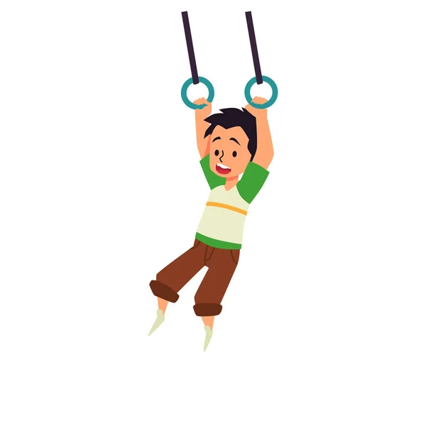 Niño balanceándose en columpios de anillo de cuerda, ilustración vectorial plana aislada en blanco. — Vector de stock