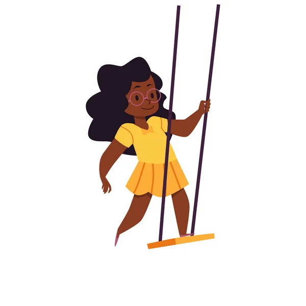 Щаслива дівчинка гойдається на мотузкових гойдалках в парку або дитячому майданчику . — стоковий вектор