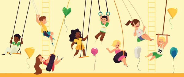 Banner con bambini sul parco giochi dondolo su altalene, illustrazione vettoriale piatta. — Vettoriale Stock