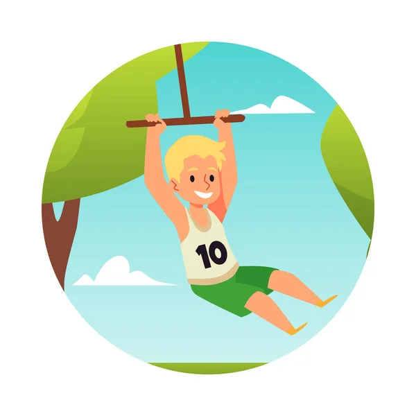 Chlapec se houpe na bungee v letním parku v odpoledních hodinách v plochém stylu — Stockový vektor
