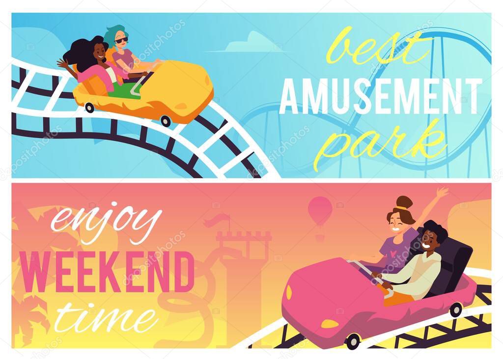 Web banners or horizontal posters for amusement park, flat vector illustration.