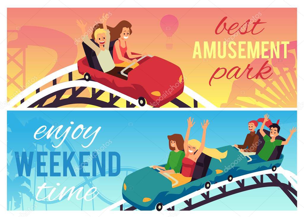 Friends ride roller coaster in amusement park on colored background