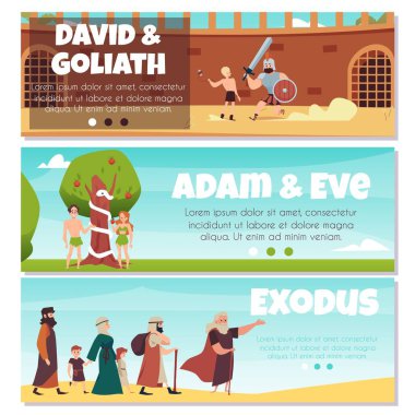 Bible banners with Adam and Eve, king David and Exodus, flat vector illustration. clipart