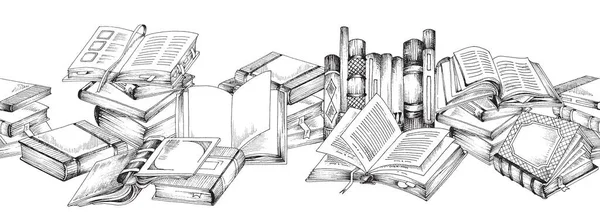 Banner vectorial horizontal con libros literarios abiertos y cerrados o libros de texto — Archivo Imágenes Vectoriales