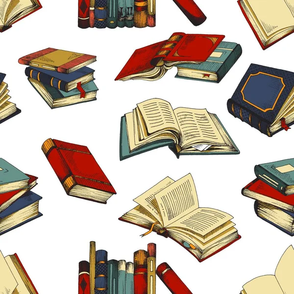 Modèle sans couture avec divers livres de la bibliothèque, illustration vectorielle de croquis. — Image vectorielle