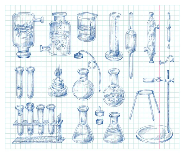 Equipamento de ciência e química, desenho à mão ilustração vetorial de tinta isolada. —  Vetores de Stock