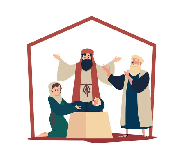 Escena cristiana de adoración de los Magos, ilustración vectorial plana aislada. — Vector de stock