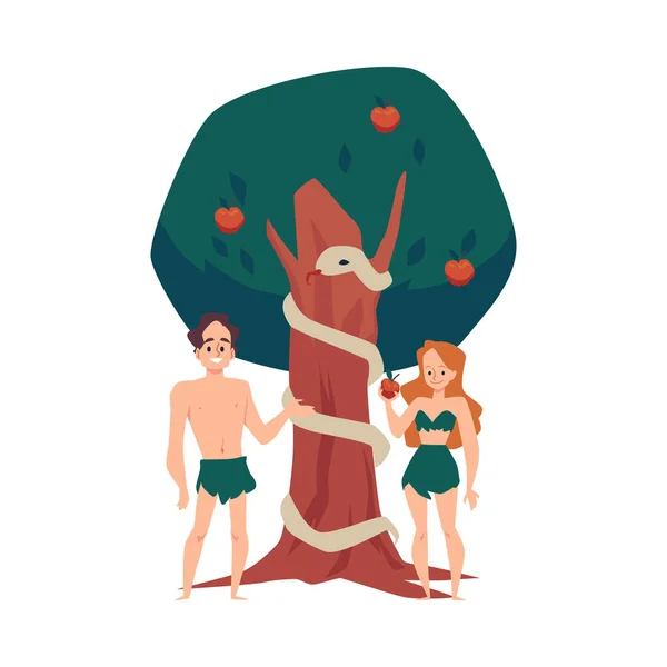 Adamo ed Eva mangiano frutti proibiti in Eden, illustrazione vettoriale piatta isolata. — Vettoriale Stock