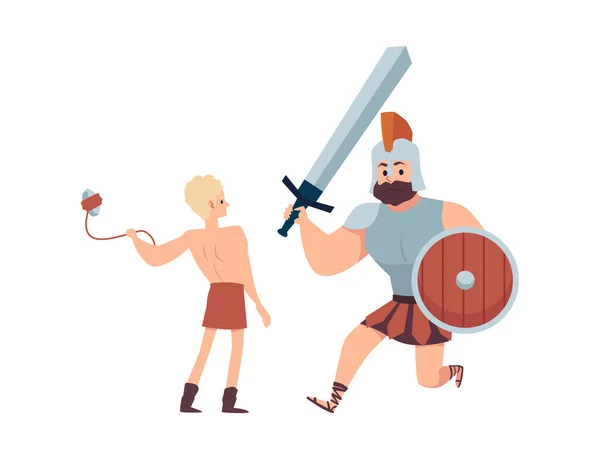 Guerreiro gigante goliath lutando com o jovem David uma ilustração vetorial. —  Vetores de Stock