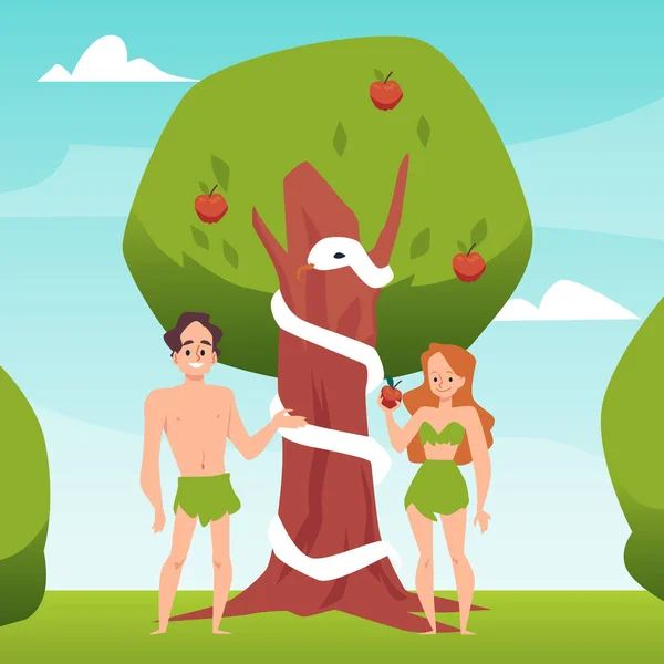 Tentazione di Adamo ed Eva con frutto proibito, illustrazione vettoriale piatta. — Vettoriale Stock