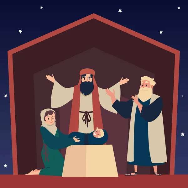 Natividad Bíblica Adoración de los magos a Jesús, ilustración vectorial plana. — Vector de stock