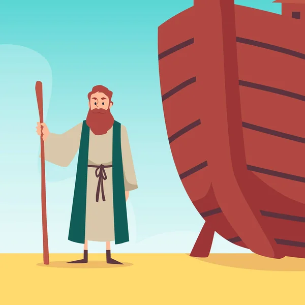 Biblia banner Noé áll a bárkája mellett, lapos vektor illusztráció. — Stock Vector