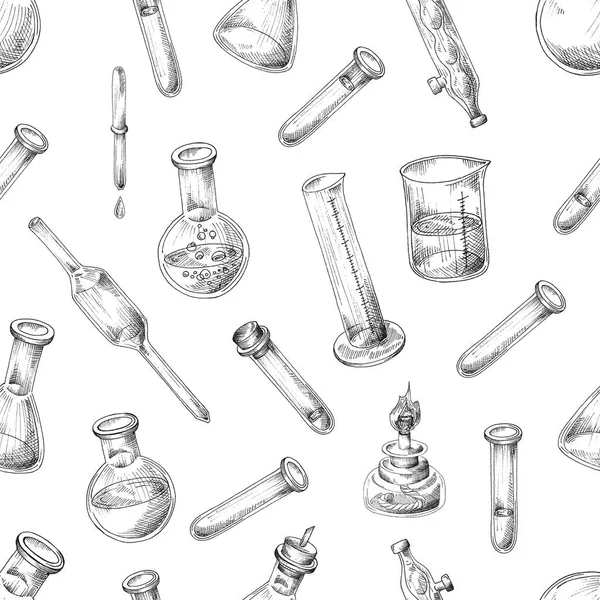 Ilustracja wektorowa bezszwowego wzoru z chemicznymi wyrobami szklanymi do laboratorium na białym tle. — Wektor stockowy