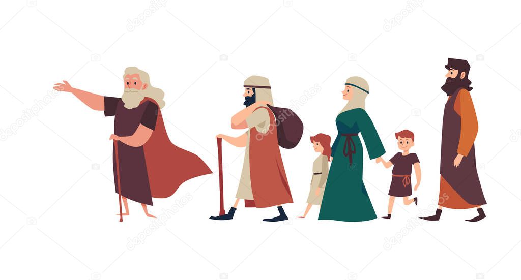 Biblical Moses leads Jewish people from Egypt, flat vector illustration isolated.