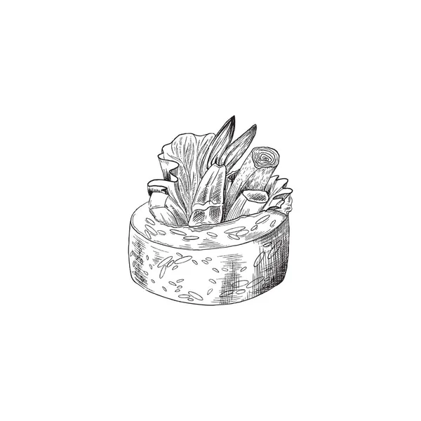 Sushi rulle med räkor och grönsaker, gravyr vektor illustration isolerad. — Stock vektor