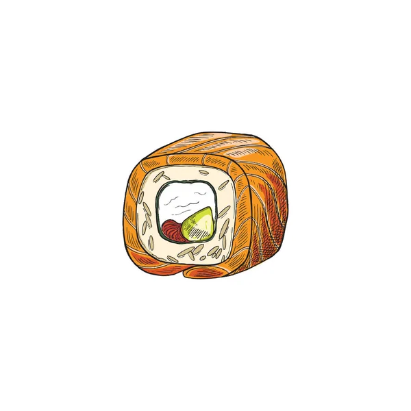 Νόστιμο ιαπωνικό ρολό σούσι Φιλαδέλφεια με σολομό, τυρί κρέμα, ρύζι, αβοκάντο. — Διανυσματικό Αρχείο