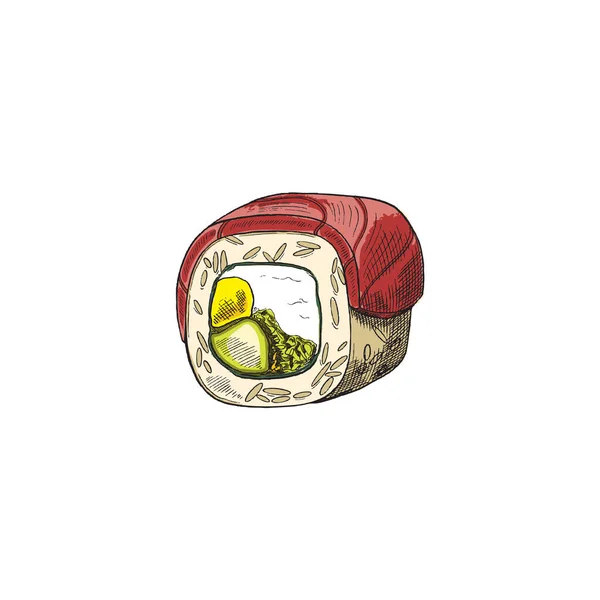 Φιλαδέλφεια ρολό σούσι με σολομό, χάραξη διανυσματική απεικόνιση απομονωμένη. — Διανυσματικό Αρχείο