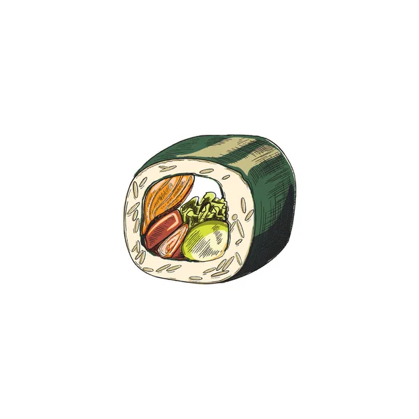 Masakan Jepang sushi roll dengan rumput laut nori, vektor ilustrasi terisolasi. - Stok Vektor