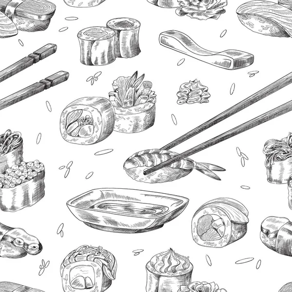 Japansk sömlös mönster med sushi, gravyr svart linje vektor illustration. — Stock vektor
