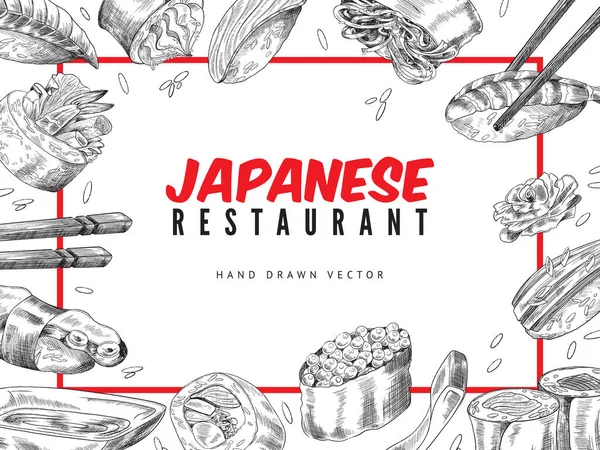 Japanska skaldjur och sushi restaurang banner, gravyr vektor illustration. — Stock vektor